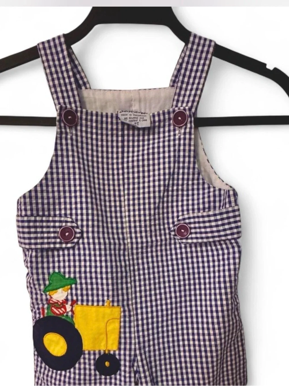 Kids Purple Gingham Overalls with Tractor Patch